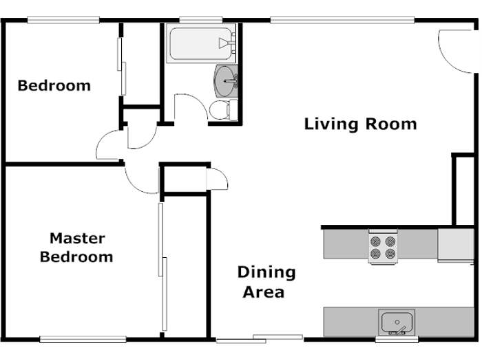 Floor plan for 2 beds, 1 bath, 840 sqft